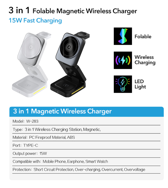 2026 Hot Sale Custom Logo 3 in 1 Magnetic Wireless Charger Stand Foldable Fast Charger