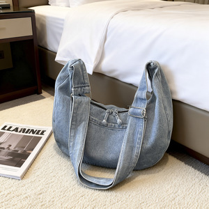 Vintage Indigo Casual Shoulder <b>Bag</b> for Female <b>College</b> Students Jeans Material Button Closure Single Strap Portable Design - Product Image 6