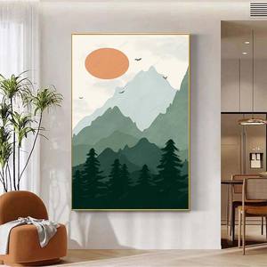 Pintura de montaña al atardecer con pájaros voladores-Tinta China paisaje lienzo arte Zen meditación decoración de pared para sala de estar - Product Image 2