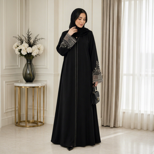 Black Beaded <b>Abaya</b> Long Sleeve Maxi Dress Modest Women Traditional Muslim Robe for Daily <b>Wedding</b> Party Wear - Product Image 1