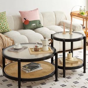Mesa de Centro Nórdica de Lujo Minimalista Moderna Hecha a Mano 2026, Madera Maciza, Vidrio y Ratán, Fácil de Montar, Muebles para Sala de Estar - Product Image 2