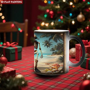 Tasse créative à révélation de chaleur, noire givrée, 11 oz, en céramique, à changement de couleur, motif squelette de plage - Product Image 2