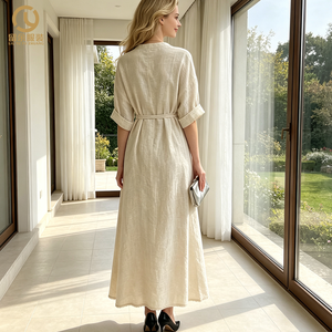 Nuovo Abito Lungo da Donna in Lino 100% Personalizzabile Stile T-shirt con Maniche a Sette Ottavi, Tinta Unita, Elegante e Casual, Collezione 2026 - Product Image 3