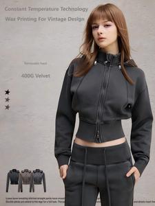 DN-N25301 Nuova <span class=keywords><strong>Felpa</strong></span> Autunnale 2025 <span class=keywords><strong>con</strong></span> <span class=keywords><strong>Cappuccio</strong></span> Staccabile, Design Corto <span class=keywords><strong>con</strong></span> Cerniera e Cintura in Vita per Donna - Product Image 2