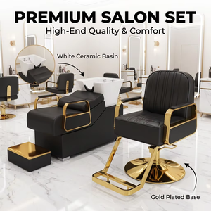 Sillón de Barbería Negro Dorado, Silla de Estilismo para Salón, Altura Hidráulica Ajustable, Cuero PU, Giratorio 360 Grados, Reclinable, Profesional - Product Image 1