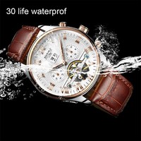 KINYUED J012 Montre de luxe pour homme, montre de mode pour homme d'affaires, bracelet en cuir, montre-bracelet sport, montre mécanique automatique pour homme