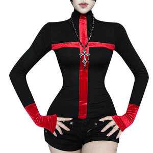ZX25306 Diablo - Camiseta de Mujer Nueva Colección 2025, Color Negro con Costuras Rojas, Cuello Mao, Tejido de Viscosa, Corte Ajustado, Manga Larga, Diseño Cruzado - Product Image 5