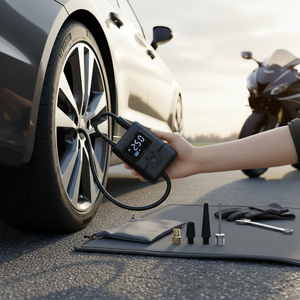 Gonfleur de pneus numérique portable 12V, monocylindre, en plastique noir, compact, pour voiture et moto, avec jauge de pression et sac de transport - Product Image 3