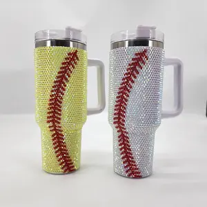 Fußball baseball jubel strass becher mit strohhalm benutzerdefinierte glitzer 40 oz kristall strass becher tasse mit logo
