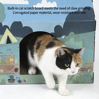 Nid de conte de fées pour chats en carton avec illustrations de soleil et de nuages, solution unique pour gratter, se cacher et jouer
