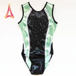 Brilhante Spandex Mística Preto Corpete Rhinestone Meninas Ginástica Leotards Prática