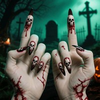 Faux ongles personnalisés pour Halloween, motif taches de sang, squelette, citrouille, fantôme, chauve-souris, bandage, réutilisables pour costume, cosplay, fête