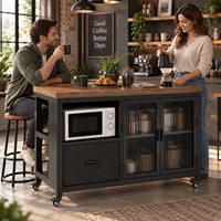 Îlot de cuisine en acier de style commercial avec rangement, dessus imitation bois, tiroir, étagère pour appareils électroménagers et roulettes verrouillables
