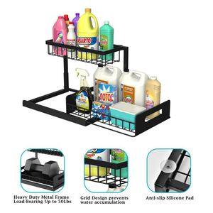Organizador de Gabinete Extraíble de Doble Nivel, Estante Deslizable de Acero para Fregadero, para Cocina y Baño, Diseño OEM, Embalaje en Caja - Product Image 6