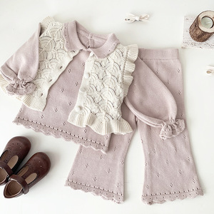 0-5y quần áo bé trai bé gái cho trẻ mới biết đi bộ áo len + Quần màu trơn Bộ quần áo dệt kim mùa xuân thu cho trẻ em phong cách Hàn Quốc - Product Image 5