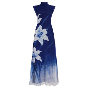 Elegante Vestido Maxi de Malla Elástica para Mujer, Estampado Floral con Bloques de Color Ombre, Casual, Cuello Alto, Sin Mangas, Transparente, en Capas, Natural - Product Image 6
