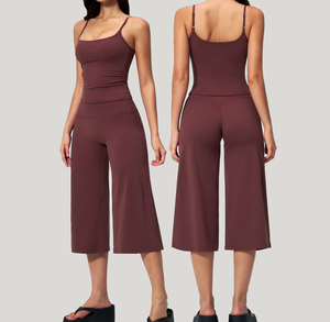 Ensembles d'entraînement pour femmes, deux pièces, haut court à bretelles spaghetti réglables, pantalon capri large assorti, tenues de sport, de gym, de pilates - Product Image 5
