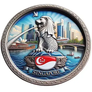 Custom city decorative alloy metal merlion singapore souvenir plate with stand