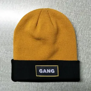 Promotional yellow and black Woven Label Size Customized 100% Acrylic Beanie Hat For Men