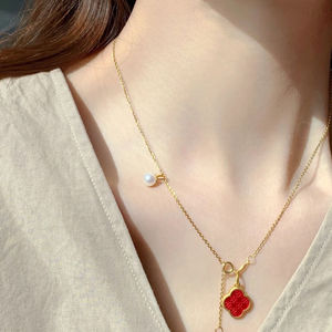 Begonia Flower Necklace Imitation 999 Gold Plated Brass With Pearl Clavicle Chain For Women Fashion Pendant Jewelry - Product Image 3