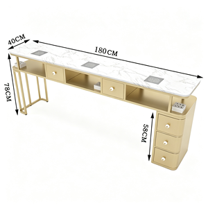 Table de manucure de luxe en métal doré avec plateau en marbre, poste de travail pour technicien des ongles, bureau de travail avec tiroirs de rangement pour salon de beauté - Product Image 3
