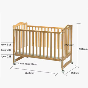 Cuna de madera de pino al por mayor con laterales ajustables y ruedas para bebés de 0 a 3 años, estándares EN71/ASTM - Product Image 4