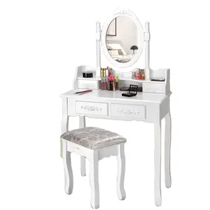 Modern Bedroom White Wooden Dressing Table with Oval 360 Rotating Mirror and Chair for Girls Women