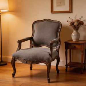 Silla de Comedor de Estilo Francés con Patas de Madera de Roble Antiguo y Tapicería de Tela - Product Image 2