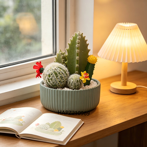 Composizione Artificiale di <span class=keywords><strong>Cactus</strong></span> e Succulente in Vaso di Cemento Scanalato con Ciottoli Bianchi, Pianta del Deserto Finta per Arredamento Casa - Product Image 1