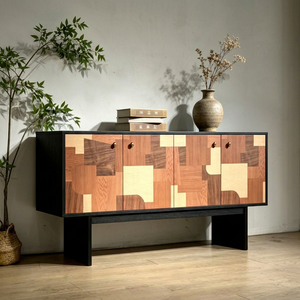 Premium Mixed Wood Patchwork <b>Sideboard</b> 4-Door Abstract Art Design Large <b>Storage</b> Modern Credenza For Living Room Dining Room - Product Image 1