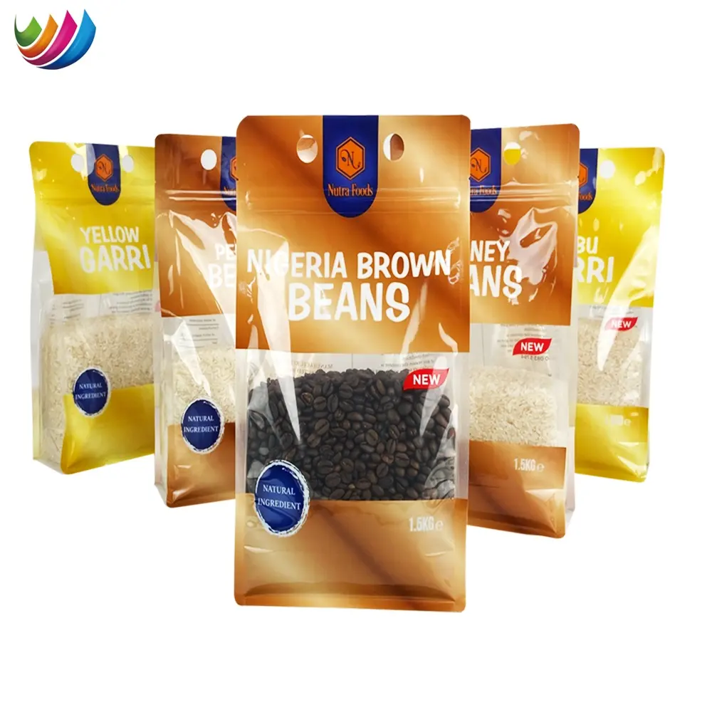 Custom Printed Flat Bottom Stand up Pouch Maize/cassava/wheat Flour Food Packaging Bag Transparent PE Recyclable Zipper Top
