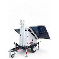 Remorque d'éclairage solaire mobile avec mât réglable en hauteur, alimentée par panneaux solaires, projecteur pour usine