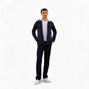 Chaqueta de Mezclilla Azul Oscuro para Hombre, Forro Polar Blanco, Cierre de Botones, Corte Regular, Estilo Casual, para Calle, Verano e Invierno, Color Sólido, Tejida - Product Image 1