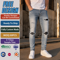 Jeans skinny déchirés décontractés personnalisés OEM pour hommes, jeans en denim déchirés pour hommes, jeans fuselés déchirés avec patchs pour hommes