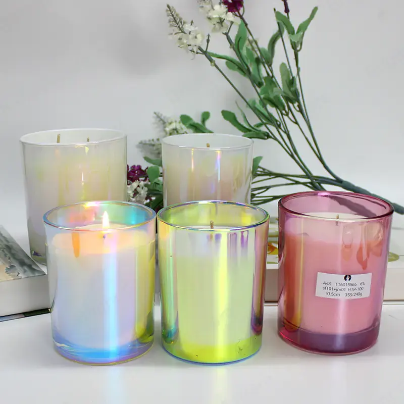 Customised 8oz 9 oz candle jar custom color wedding oem clear glass candle jar iridescent candle jar with lid