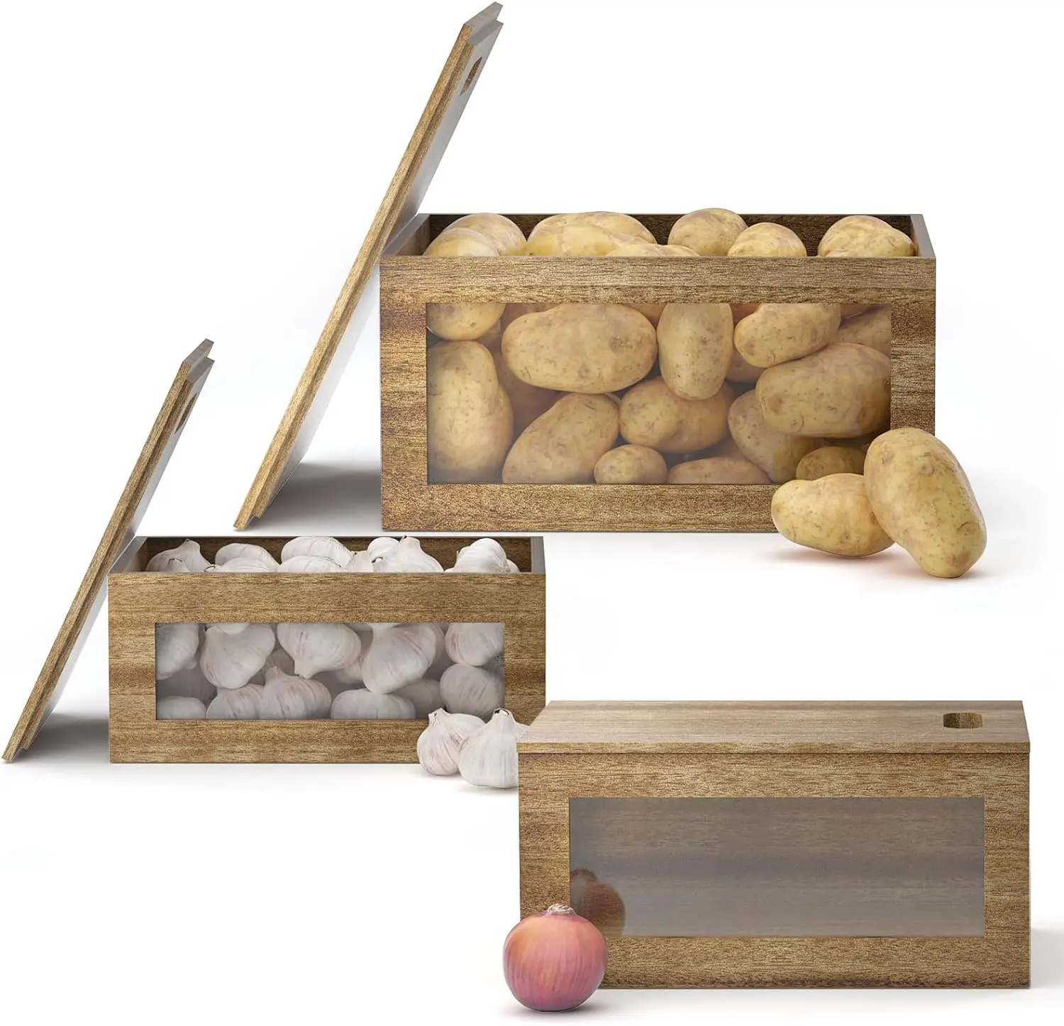 Acacia wooden storage vegetable containers window container for kitchen counter or pantry stackable potato&onion&garlic keeper