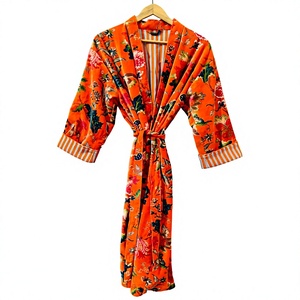 Orange Floral Printed Velvet Kimono Robe Women's Long Sleeve Wrap Bathrobe Autumn Winter Dressing Gown - Product Image 1