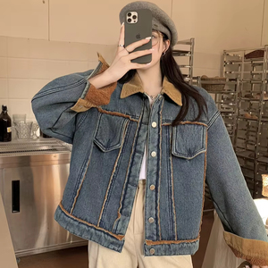 OEM Fashion Vintage Washed <strong>Denim</strong> Lamb's Wool Quilted Patchwork Women's Short Street Varsity <strong>Jacket</strong> <strong>Jacket</strong> <strong>Jacket</strong> <strong>Customised</strong> - Product Image 1