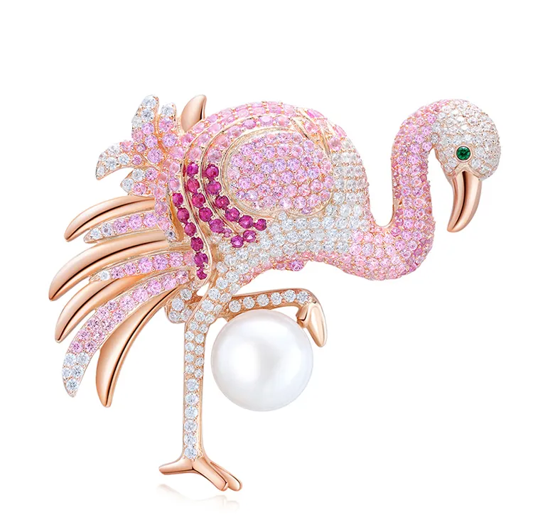 Flamingo broş sıcak satış başörtüsü pimleri ve kadınlar için broşlar kuş pimleri broş ve kolye tatlısu inci