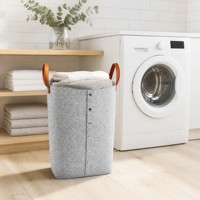 Panier de rangement pliable en feutre gris clair avec boutons-pression et poignées en cuir pour chambre, salle de bain, buanderie