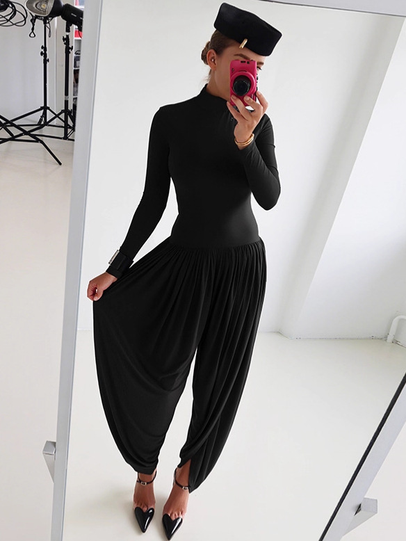 High-Neck Solid Color Long-Sleeve Pleated High-Waisted yoga clothes for Women