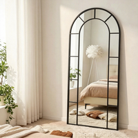Miroir sur pied pleine longueur en verre trempé avec cadre en pin noir, style vintage français, grille en arche simple, pour la décoration intérieure (vente en gros)