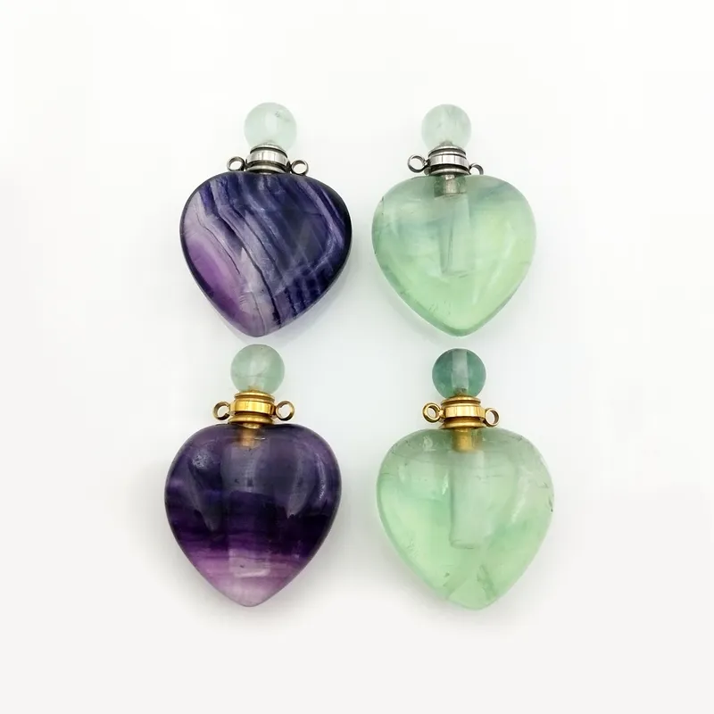 Bottiglia di profumo cuore di cristallo naturale arcobaleno verde Fluorite Reiki guarigione pietra regali gioielli ciondolo bottiglia di olio essenziale