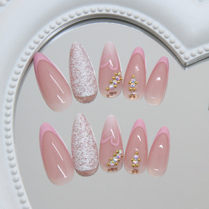Juego de 24 <span class=keywords><strong>Uñas</strong></span> Postizas de ABS con Punta <span class=keywords><strong>Francesa</strong></span> Rosa, Diseño de Corazón de Lujo, con Brillo y Purpurina, Venta al por Mayor para San Valentín - Product Image 2
