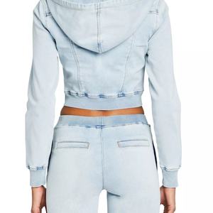 Hoodie en jean court zippé personnalisé pour filles, coupe slim, en molleton bouclette vintage, coton côtelé, style streetwear, survêtement - Product Image 5