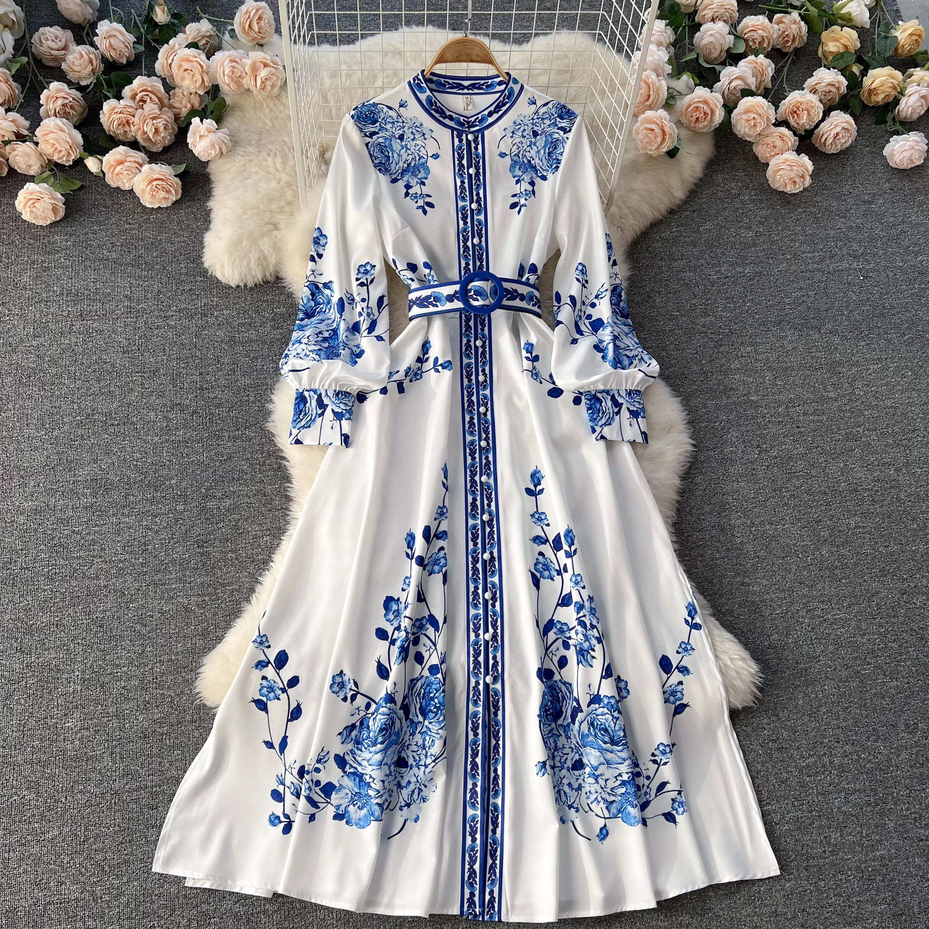 Wholesale Printed Stand-up Collar Single-breasted Spring New 2022 Temperament Long Sleeve Chinese Style Women's Dress