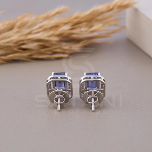 Pendientes de Halo con Circonita Cúbica Azul Corte Esmeralda, Plata de Ley, Cierre de Rosca, Joyería Elegante y Brillante para Uso Diario y Ocasiones Especiales - Product Image 6