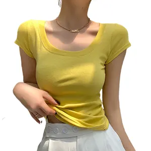 아마존 핫 세일 여성 코튼 탄성 섹시한 티셔츠 기본 특종 목 자르기 탑 짧은 소매 탑스
