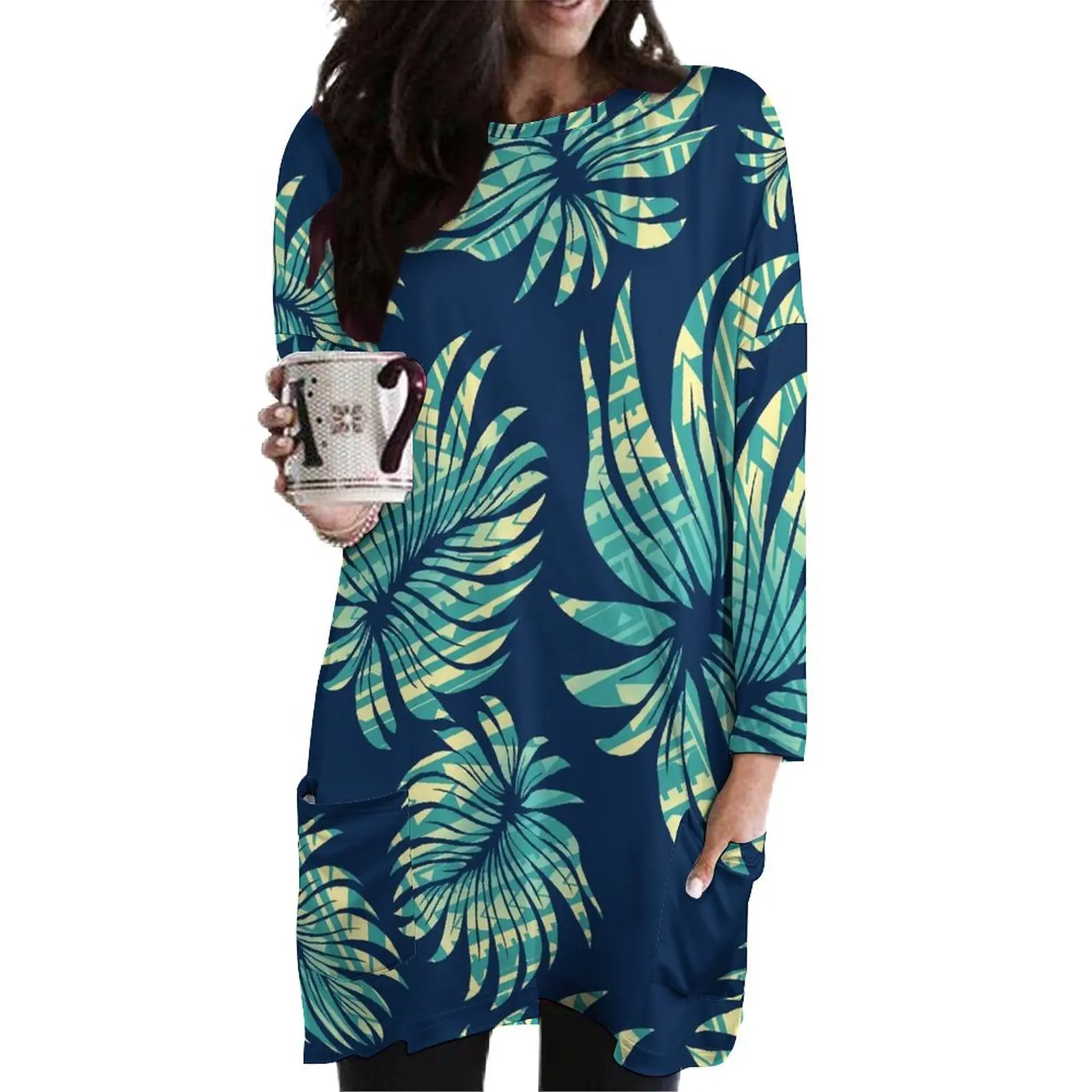 luxury hawaii tropical floral print o-neck long sleeve loose plus size 7XL women mini dress for beach holiday hawaiian clothes