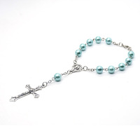 Bracelet de chapelet en perles de verre bleu de haute qualité 8 mm, catholique, avec pendentif croix, fournitures pour la fabrication de chapelets